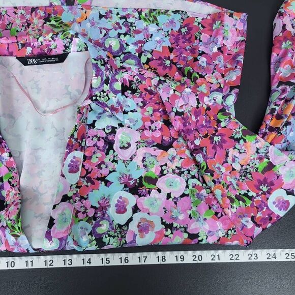 Zara Womens Floral Button Front Top Pink Large V Neck Long Sleeve Satin Colorful - Picture 7 of 8